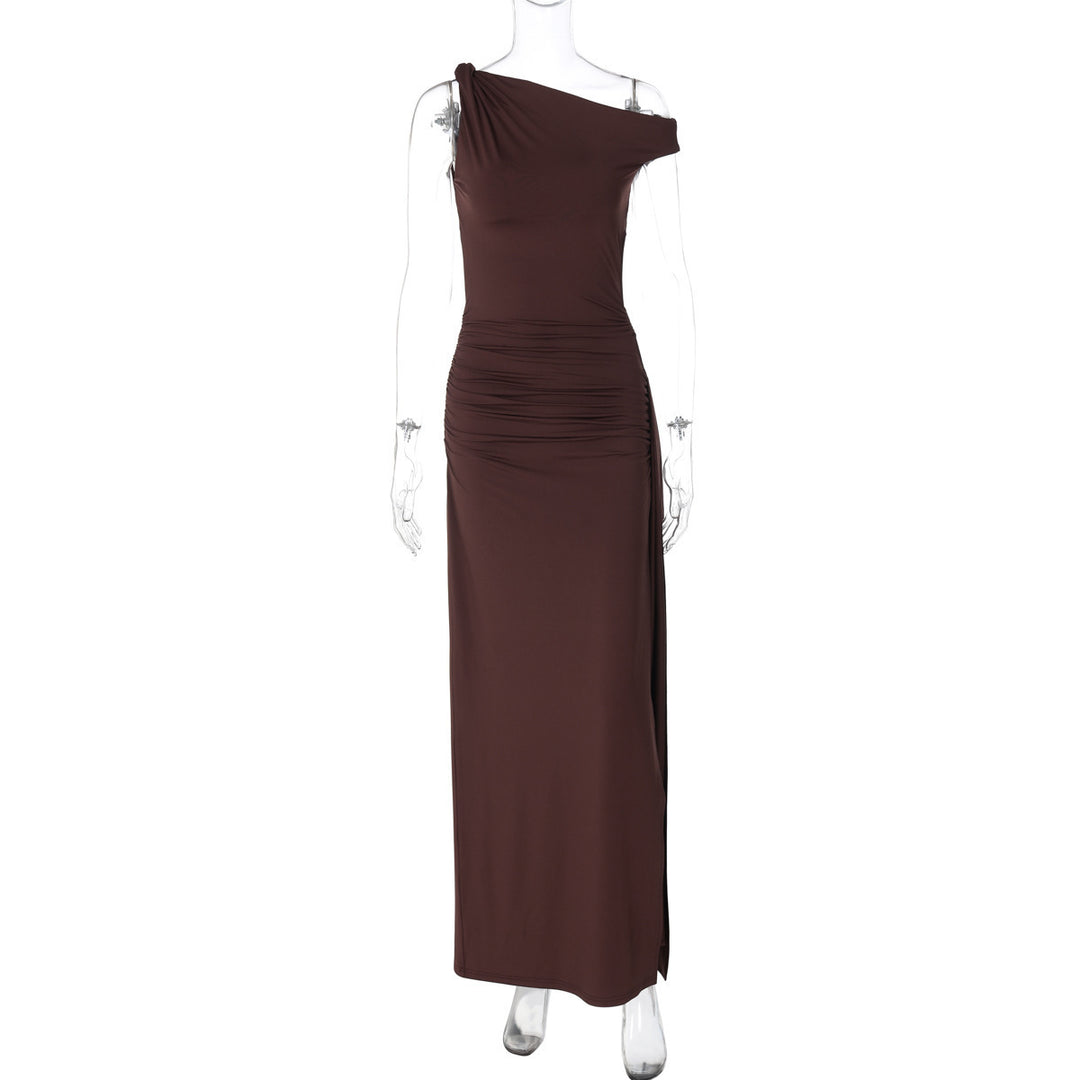 Sophia| Slant Shoulder Side Slit Dress