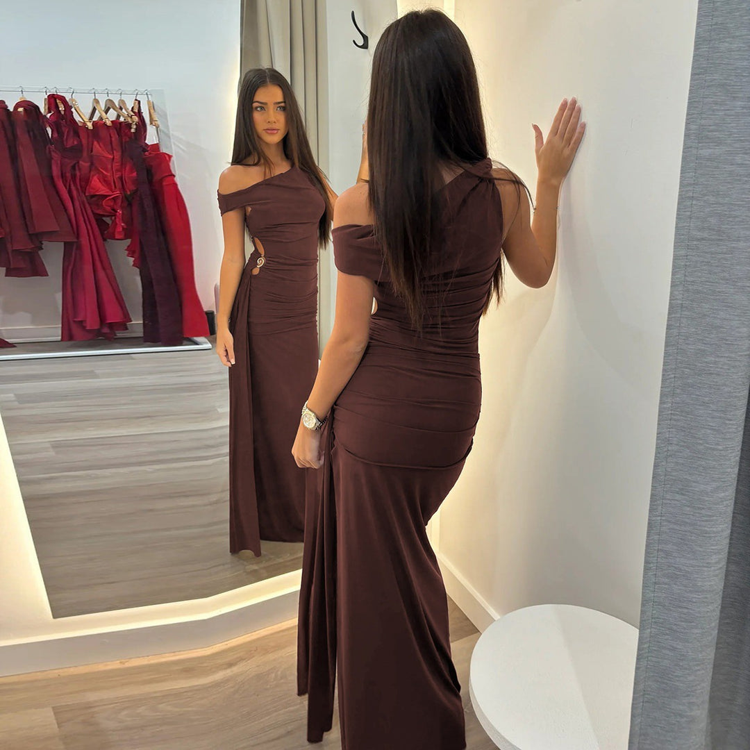 Sophia| Slant Shoulder Side Slit Dress