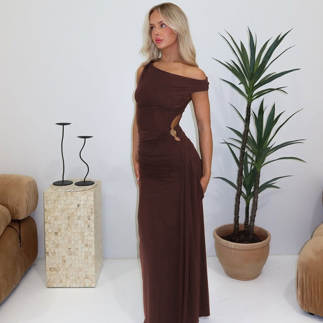 Sophia| Slant Shoulder Side Slit Dress