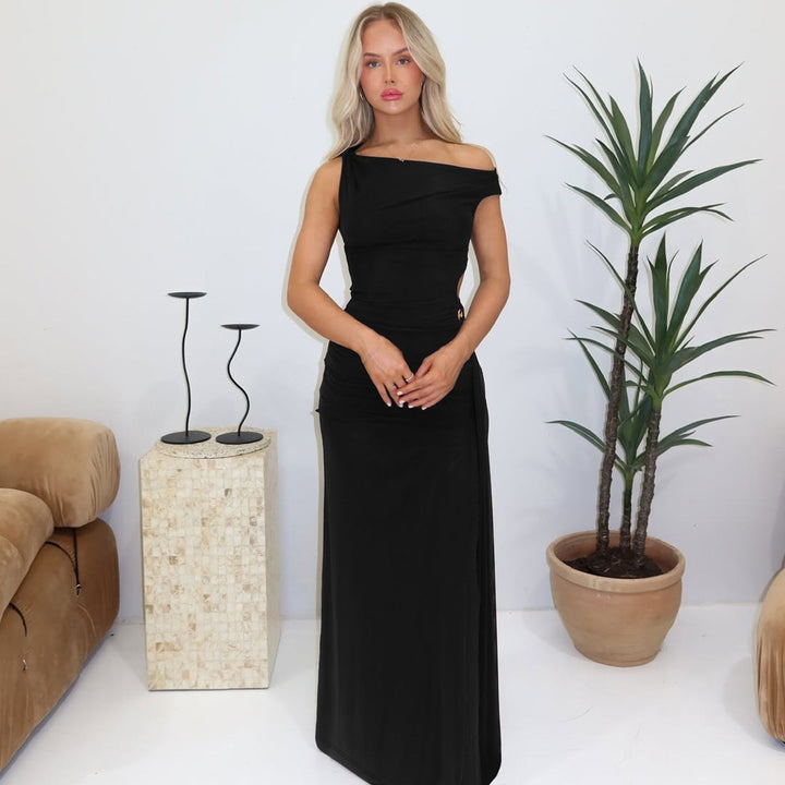Sophia| Slant Shoulder Side Slit Dress