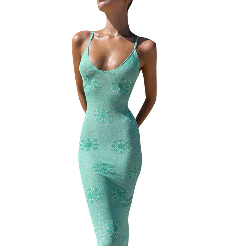 Victoria|Print Holiday Casual Slim Fit Hip Spaghetti Straps Long Dress